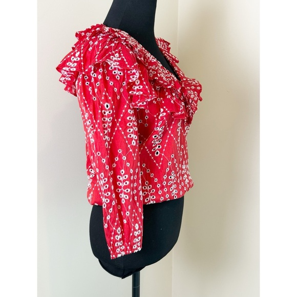 Zara red openwork embroidered ruffle blouse top S - Picture 4 of 8